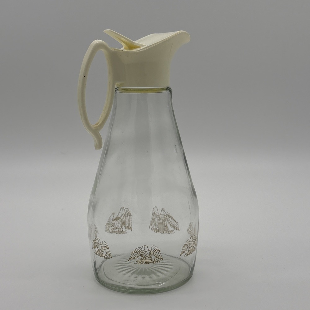 Vintage 1970s Log Cabin Syrup Glass Dispenser Carafe with Gold-Leaf Eagle Stamps